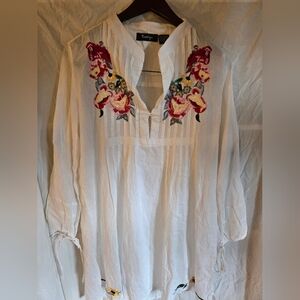 Vintage Embroidered White Linen Tunic Dress size Large